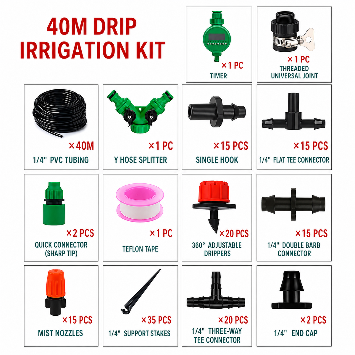 131FT / 40M Drip Irrigation Kit – Adjustable Garden Watering System