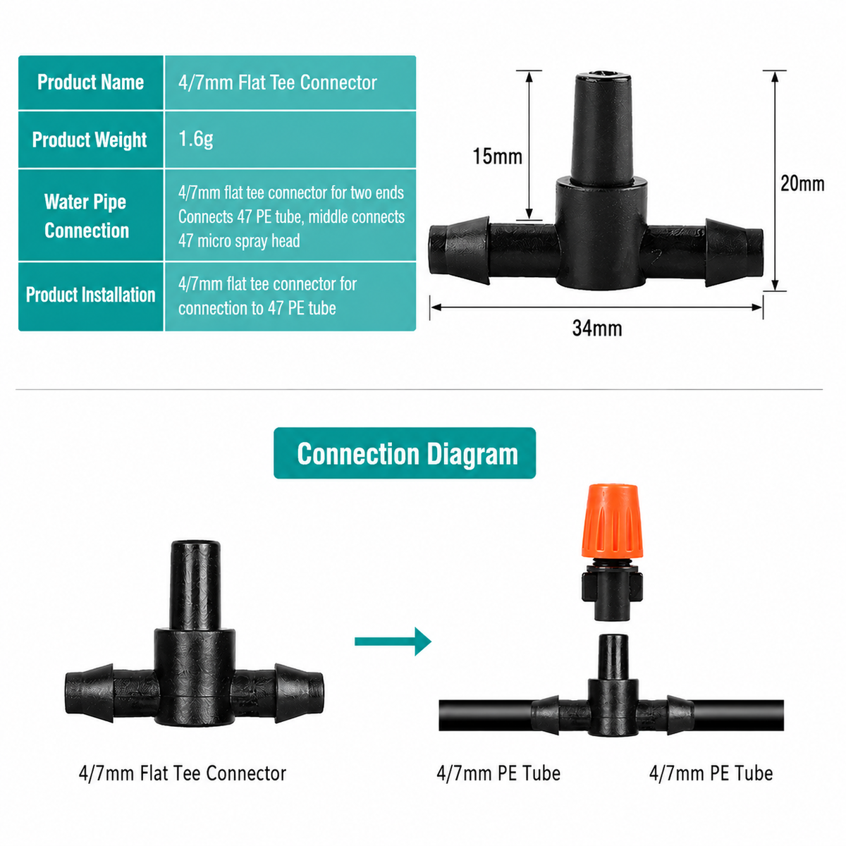 4/7mm Tee Connector for 1/4" Drip Irrigation Tubing