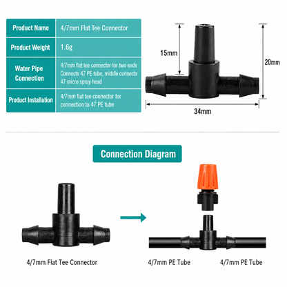 4/7mm Tee Connector for 1/4" Drip Irrigation Tubing