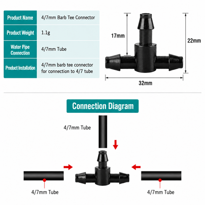 4/7mm Tee Connector for 1/4" Drip Irrigation Tubing