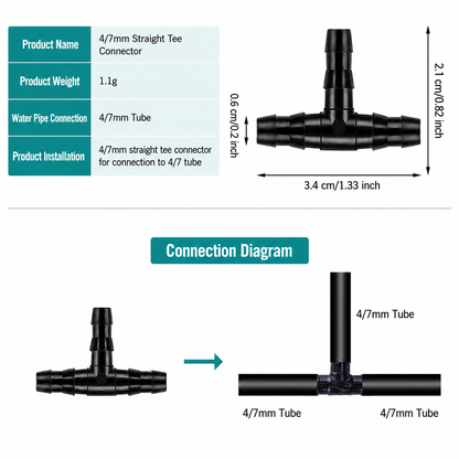 4/7mm Tee Connector for 1/4" Drip Irrigation Tubing